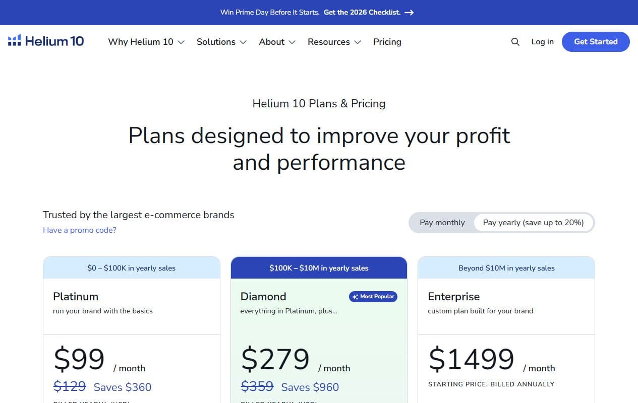 Aperçu de la page pricing Helium10 avec les plans Platinum Diamond Enterprise