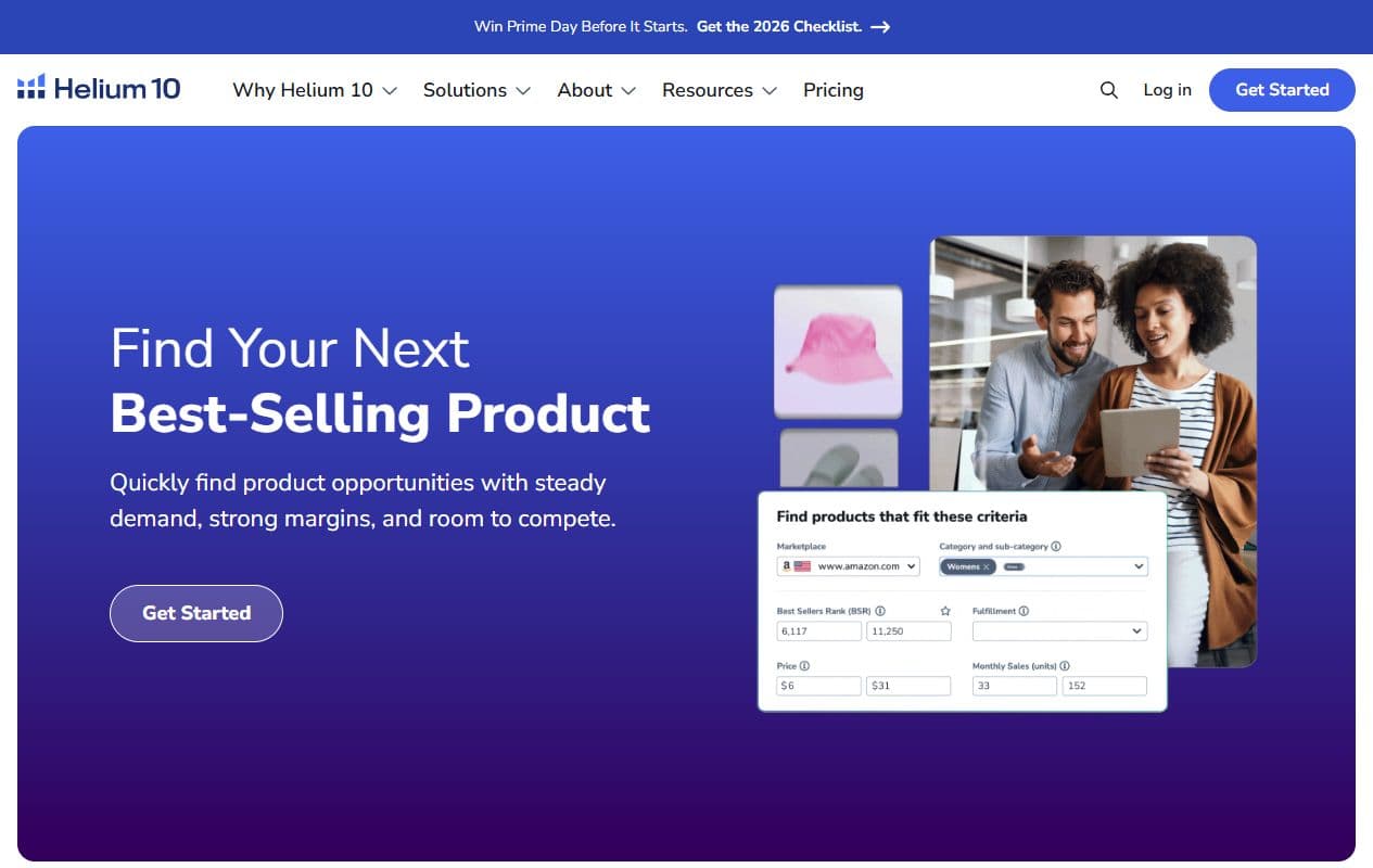 Aperçu de la page Helium10 Product Research avec le message Find Your Next Best-Selling Product