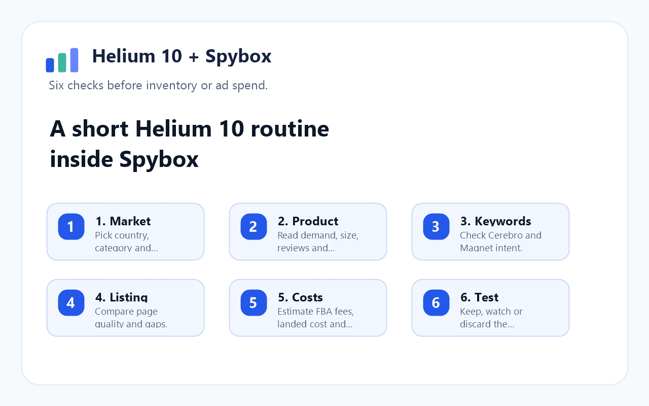 Helium10 routine in Spybox with six Amazon checks