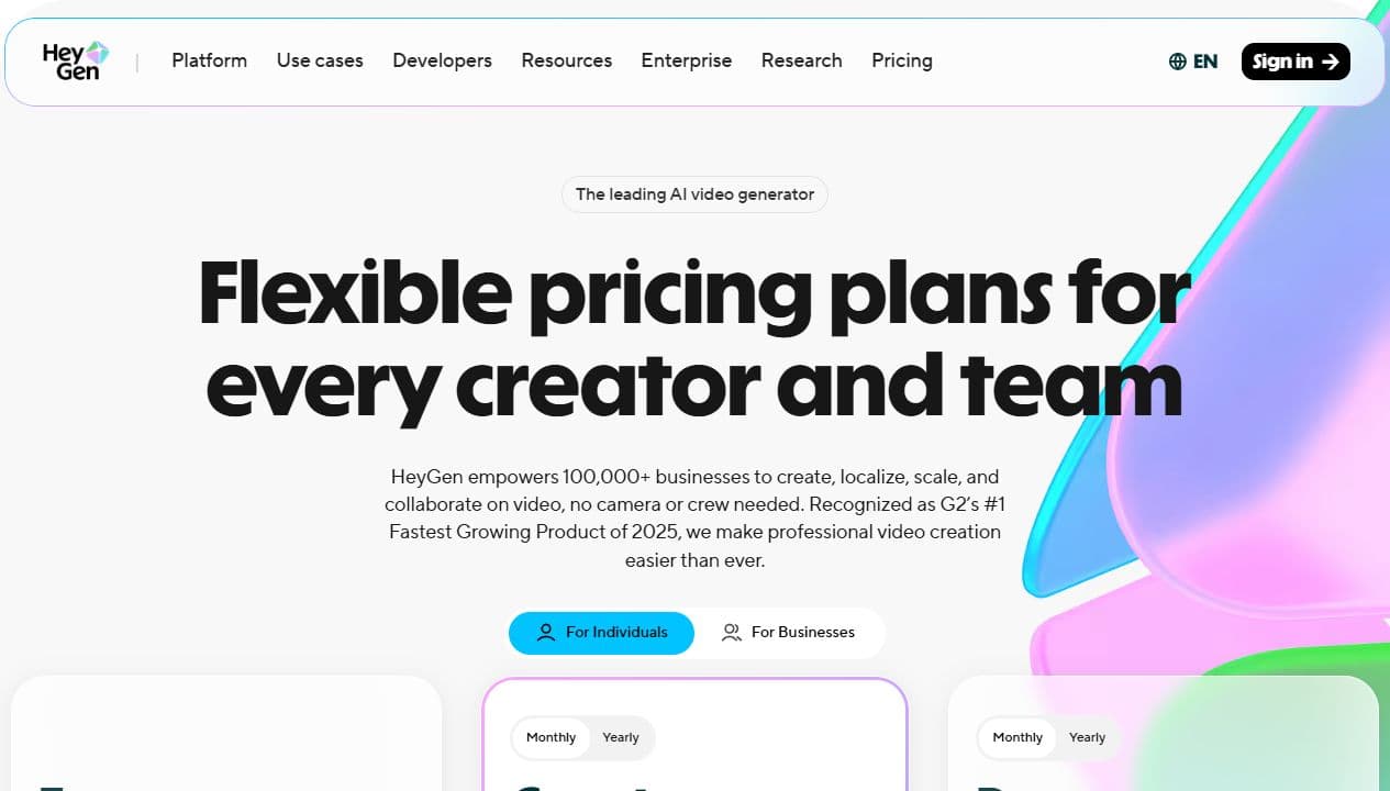 Page officielle de pricing HeyGen avec plans pour créateurs et équipes