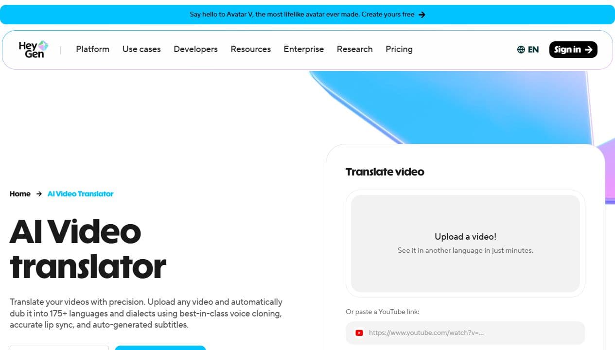 Page officielle HeyGen AI Video Translator avec upload vidéo et traduction