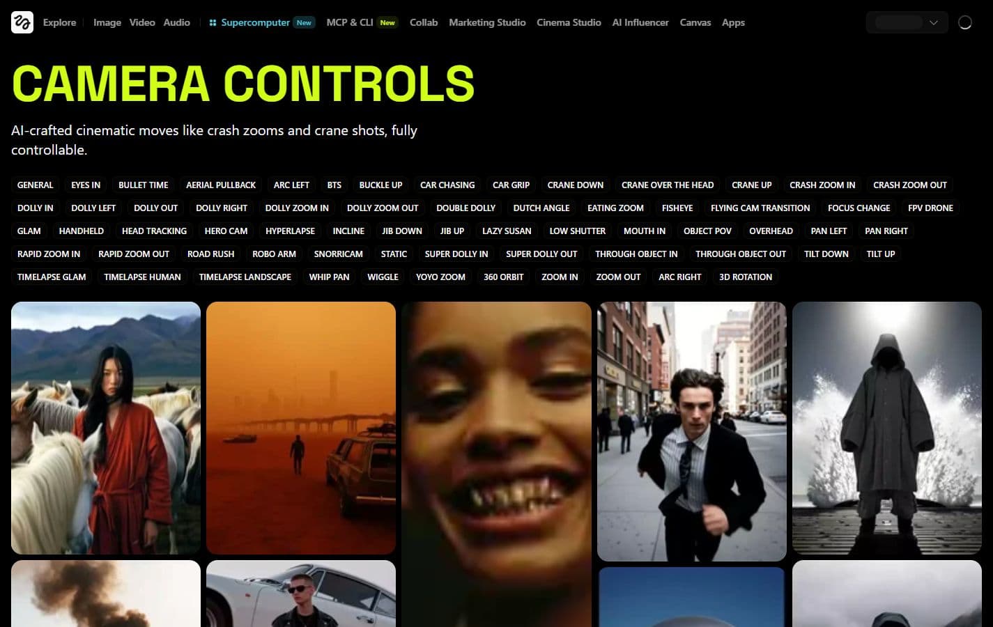 Capture officielle Higgsfield Camera Controls avec une liste de mouvements caméra