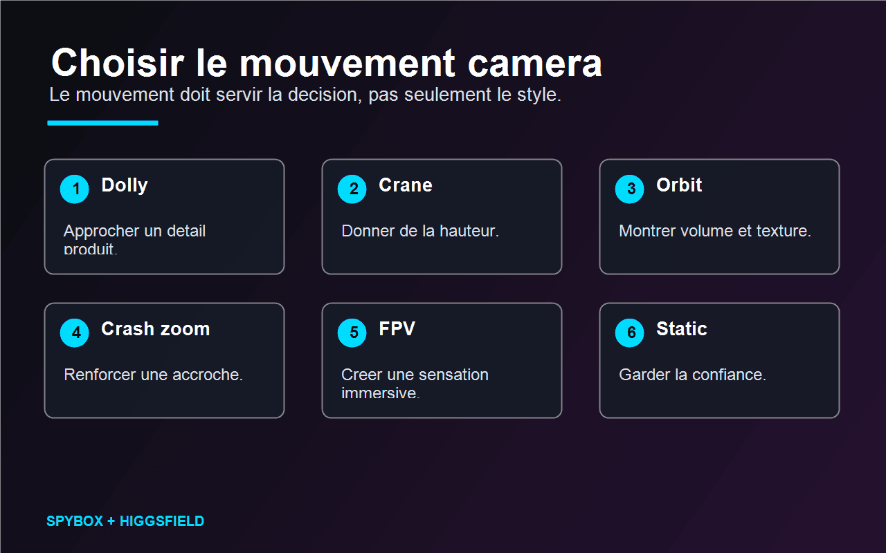 Carte Spybox des mouvements caméra Higgsfield selon leur usage
