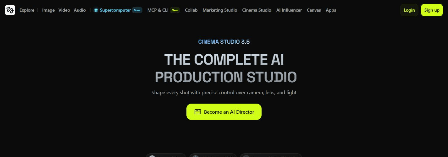 Capture officielle Higgsfield Cinema Studio présentant le contrôle de la caméra, de l'objectif et de la lumière