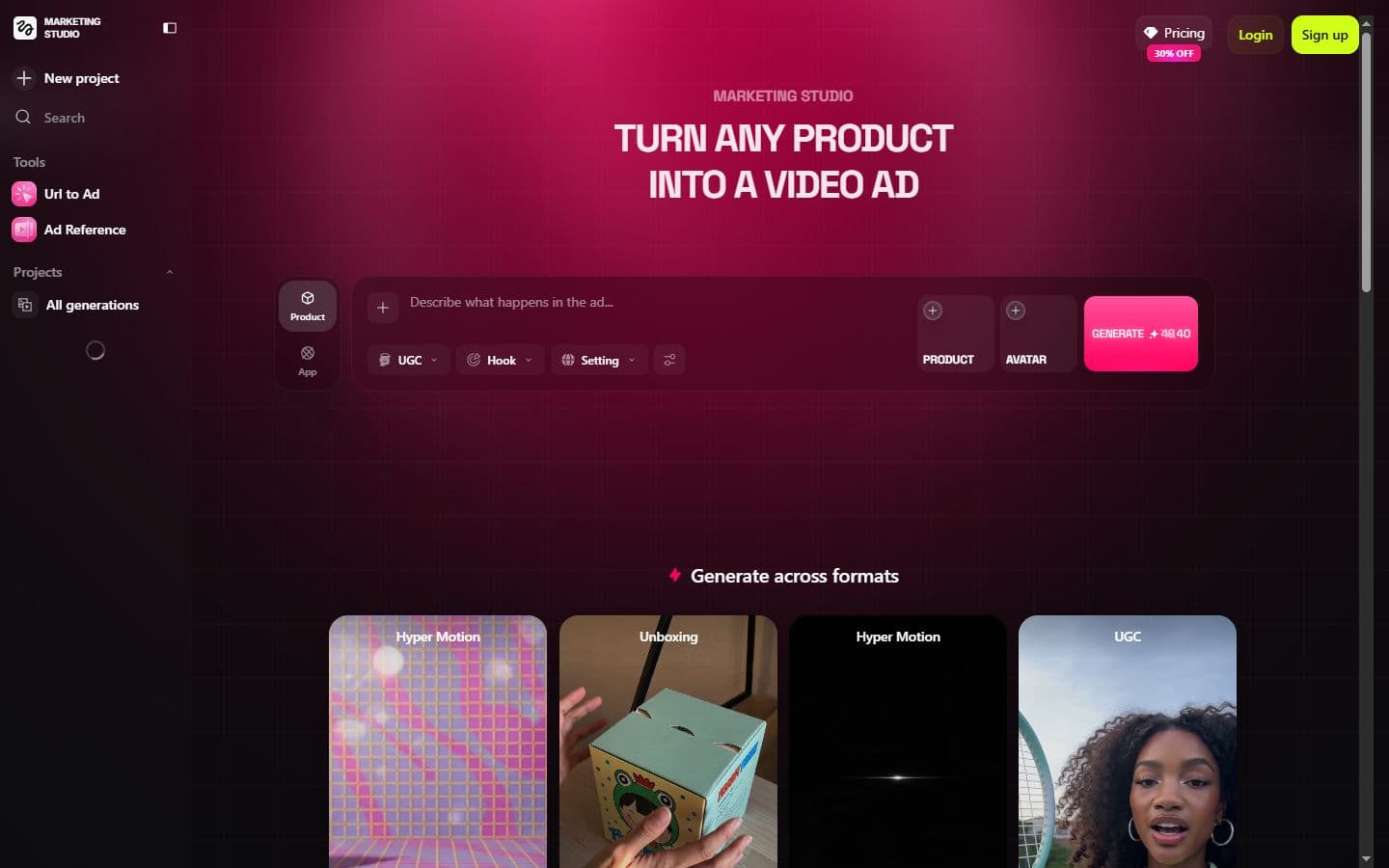Capture officielle Higgsfield Marketing Studio pour transformer un produit en vidéo publicitaire
