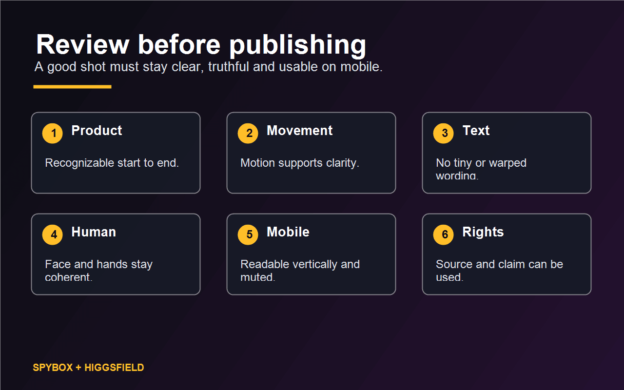 Spybox quality checklist before publishing a Higgsfield clip