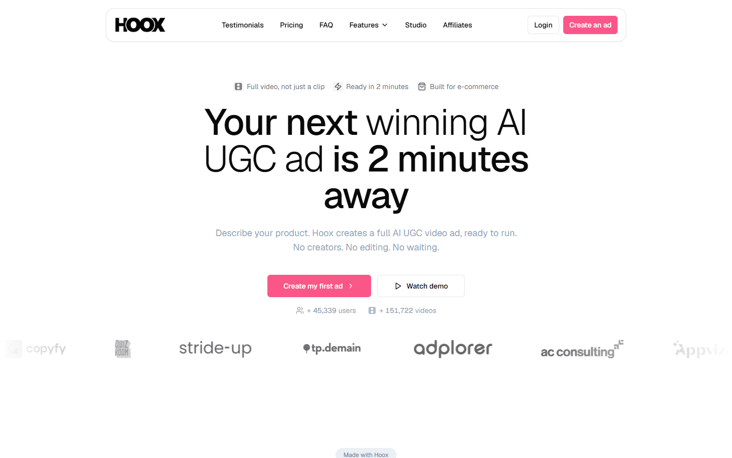 Public Hoox homepage screenshot presenting an AI UGC video generator