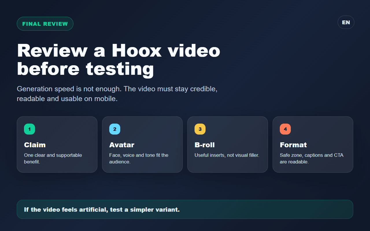 Spybox checklist for reviewing a Hoox video before ad testing