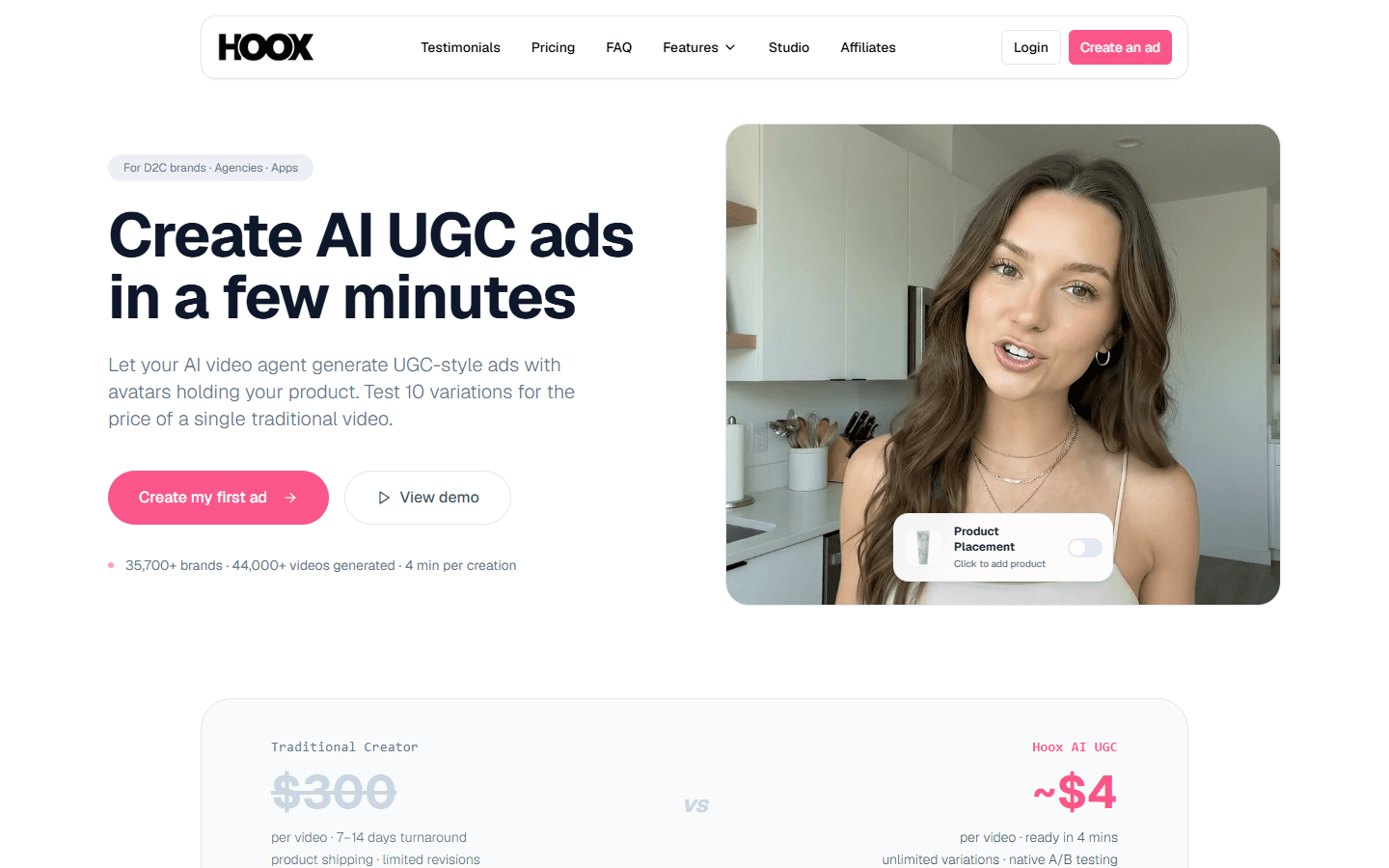 Public Hoox UGC Ad Generator screenshot with avatar, product and video ad