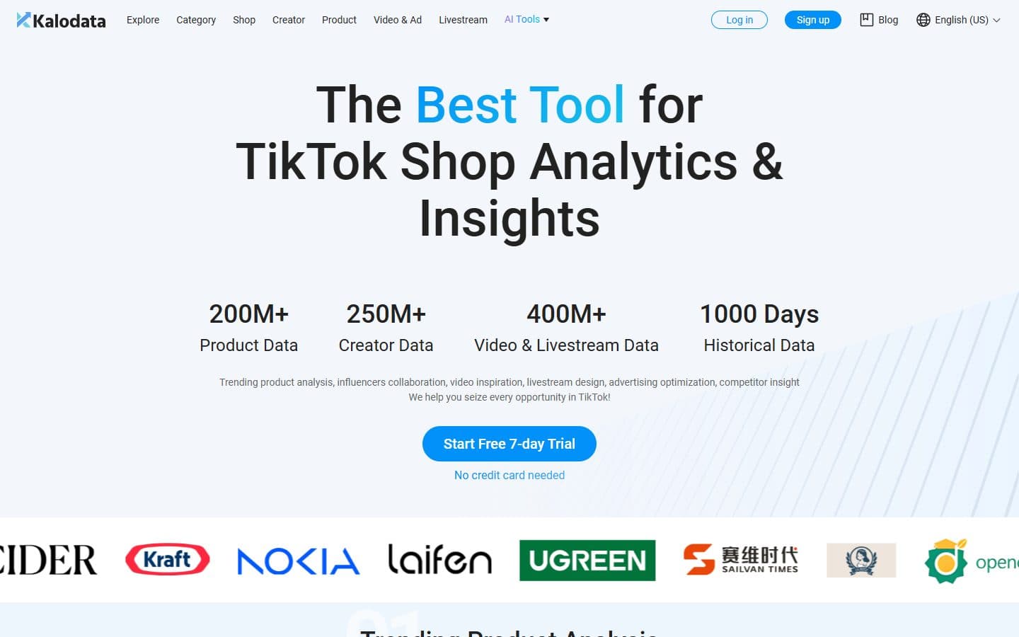 Kalodata screenshot showing TikTok Shop products, creators, videos, livestreams and historical data