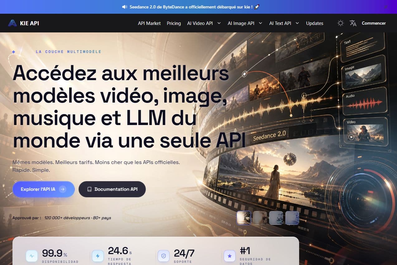 Page officielle Kie AI présentant l’accès aux modèles vidéo, image, musique et LLM via une seule API