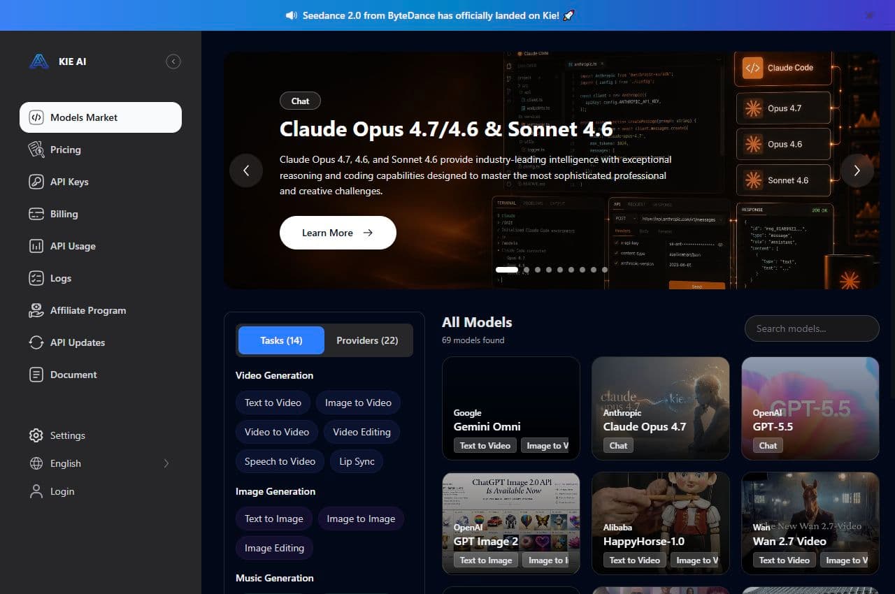 Marché des modèles Kie AI avec catégories vidéo, image, musique et chat