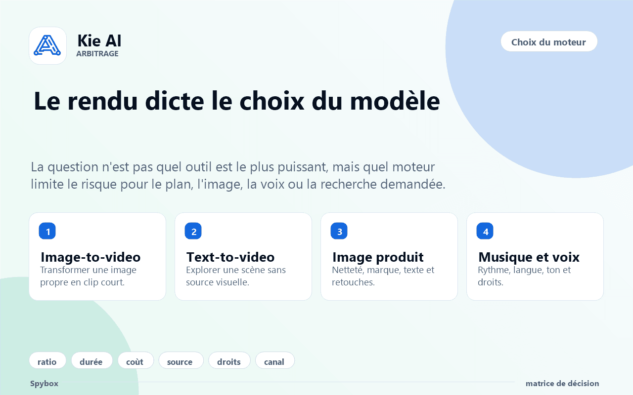 Matrice Spybox pour choisir le modèle Kie AI selon le rendu attendu