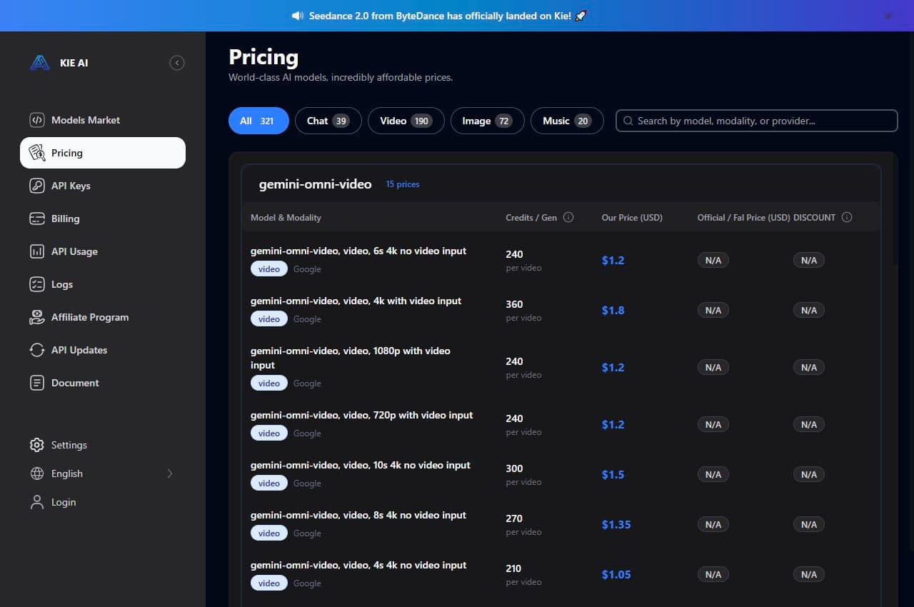 Page pricing Kie AI avec lignes de prix par modèle, crédits et modalités