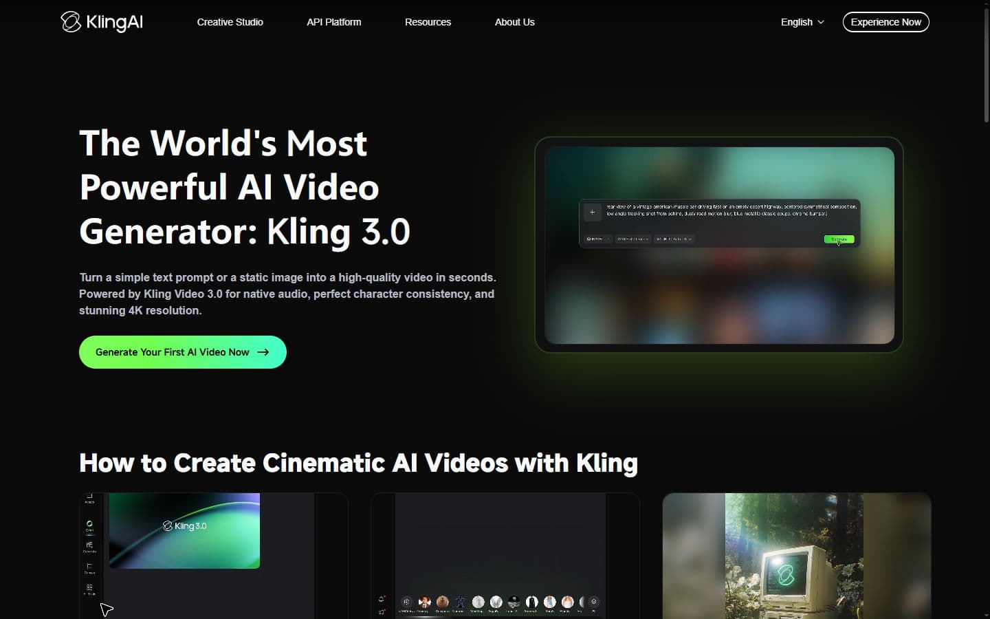 Capture publique de la page Kling AI Video Generator avec présentation de la génération texte et image vers vidéo