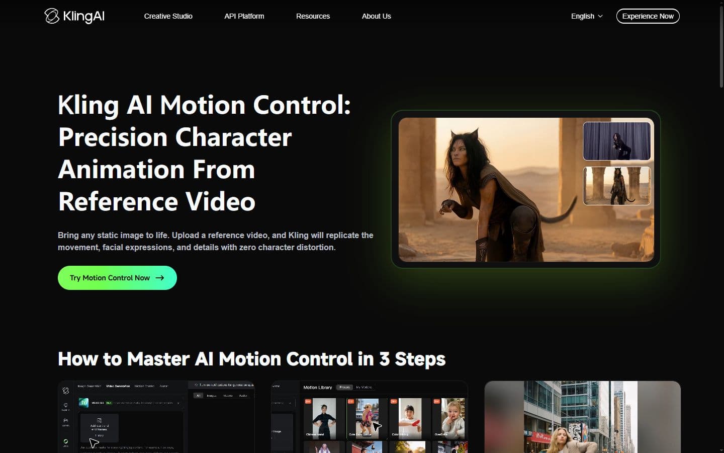 Capture publique Kling AI Motion Control avec référence de mouvement et animation de personnage