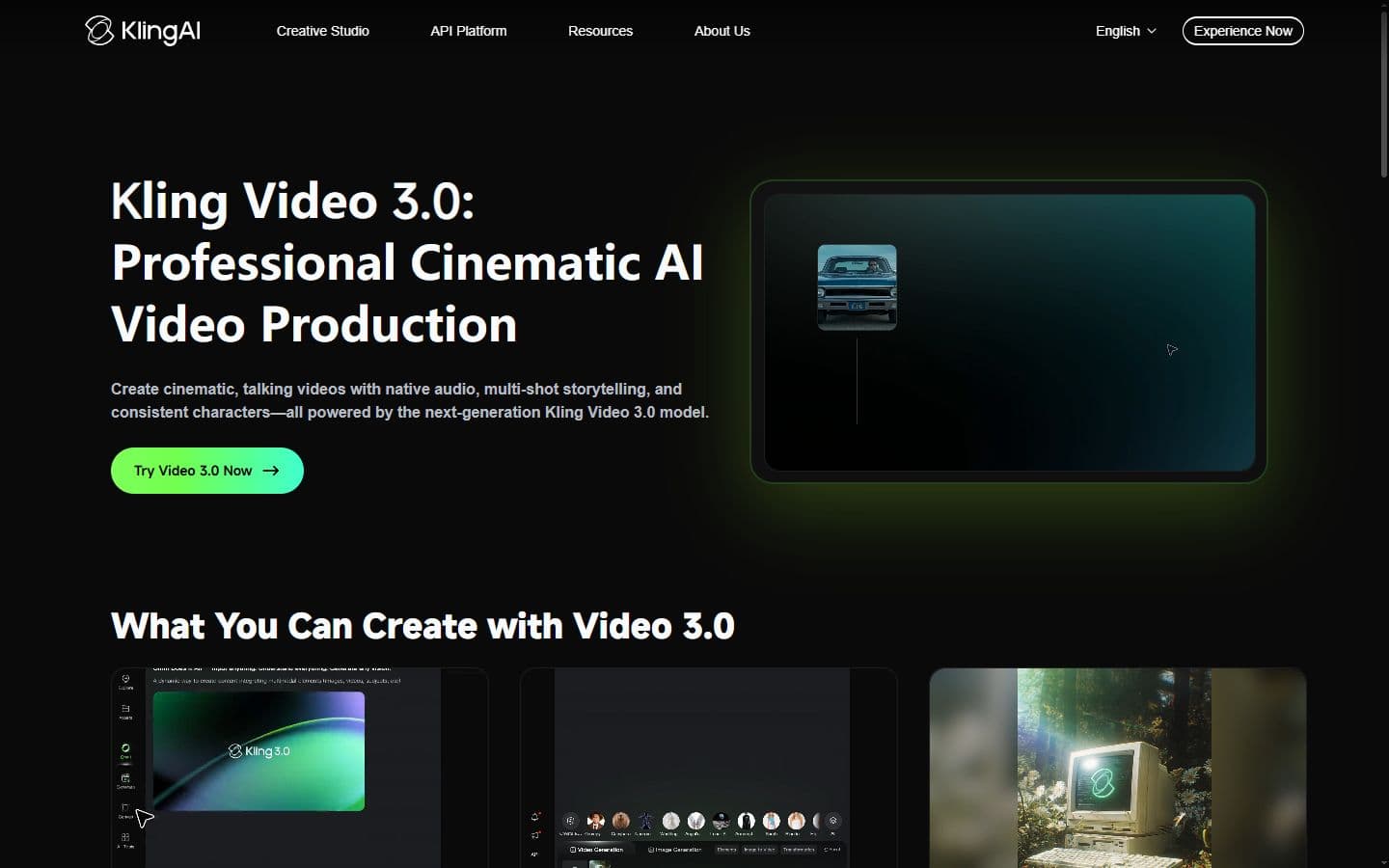 Capture publique Kling Video 3.0 présentant la vidéo IA avec audio natif et plans courts