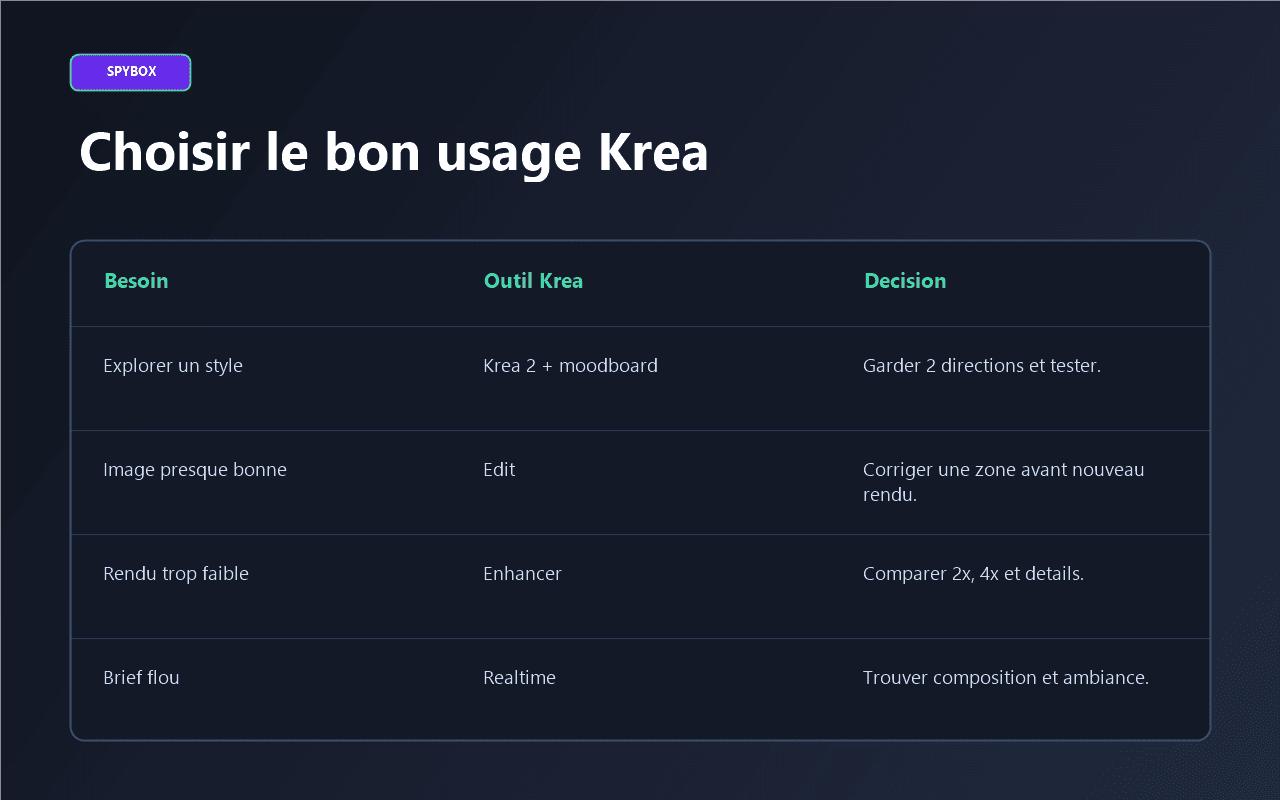 Matrice de décision Krea AI pour choisir le bon usage visuel