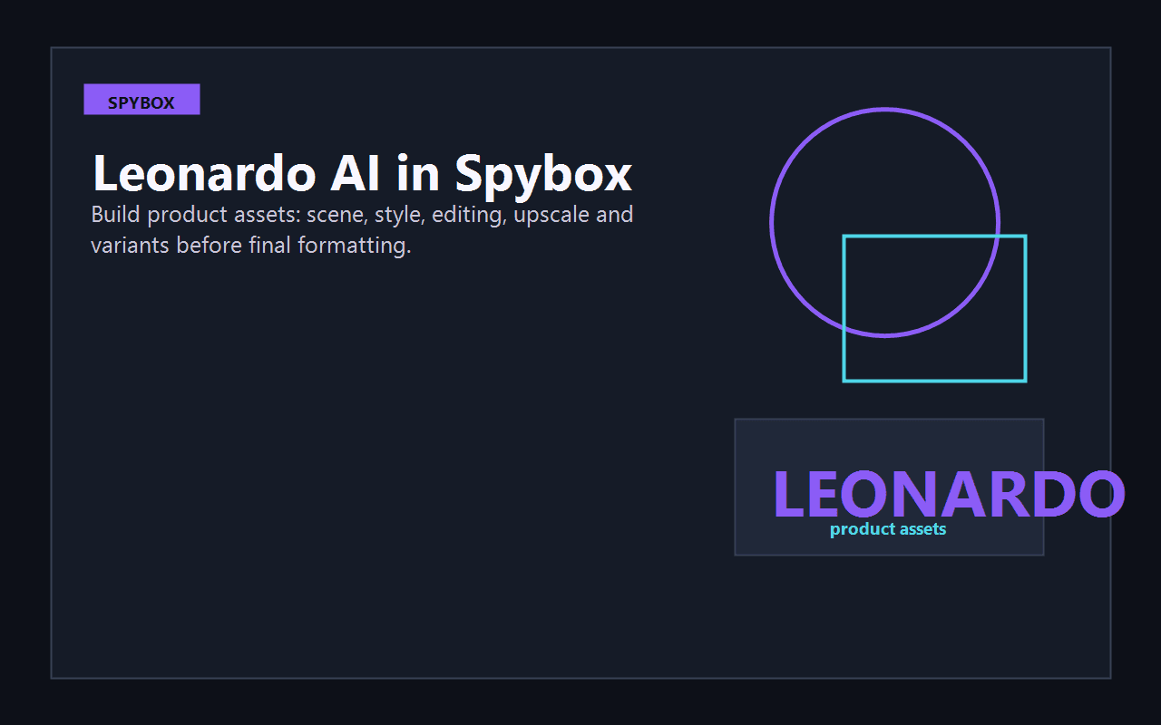 Spybox visual presenting Leonardo AI as a tool for product visuals and campaign assets