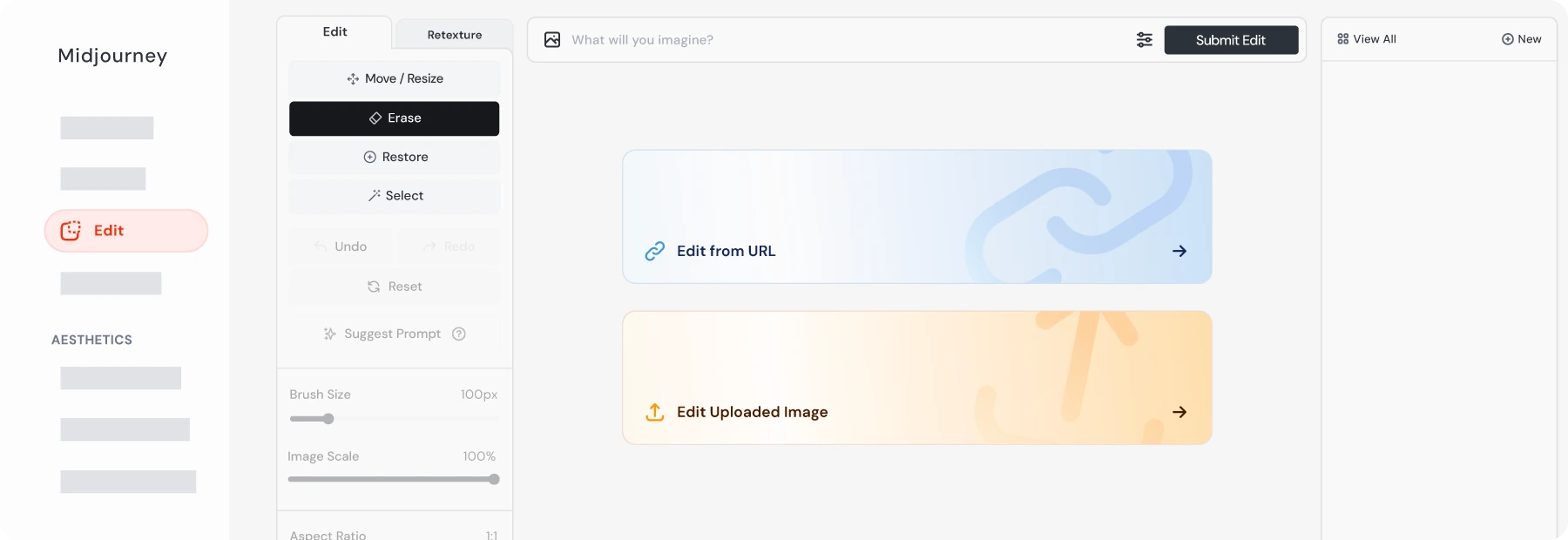 Aperçu officiel de la page Edit Midjourney avec options d'édition