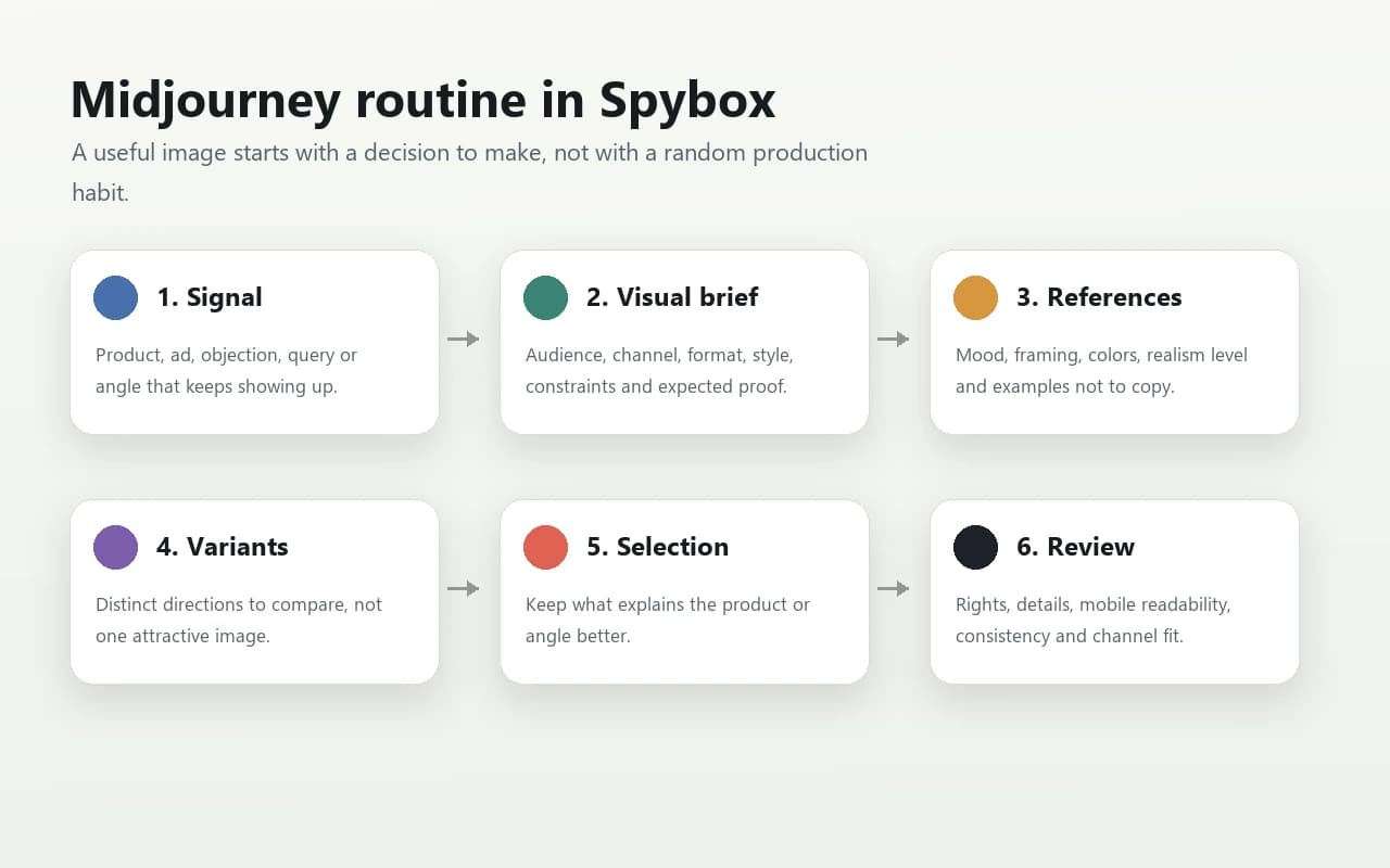Midjourney routine in Spybox with signal, visual brief, references, variants, selection and review