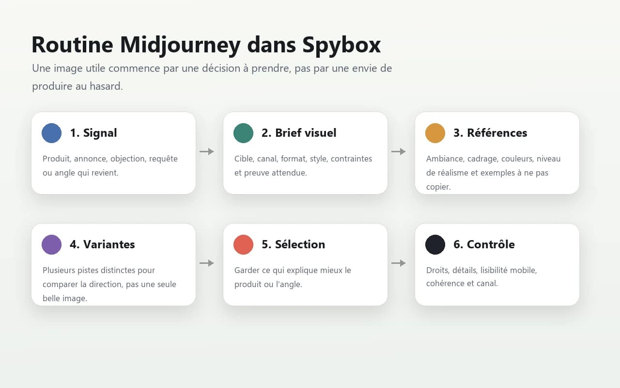Routine Midjourney dans Spybox avec signal, brief visuel, références, variantes, sélection et contrôle