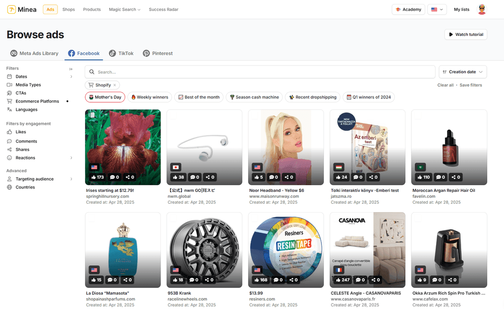 Minea Browse ads preview with Facebook, TikTok and Pinterest filters and ecommerce products