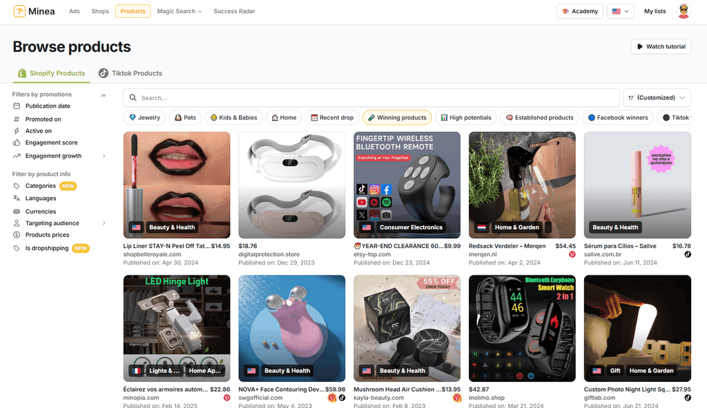 Minea preview with product list, filters, categories and advertising signals