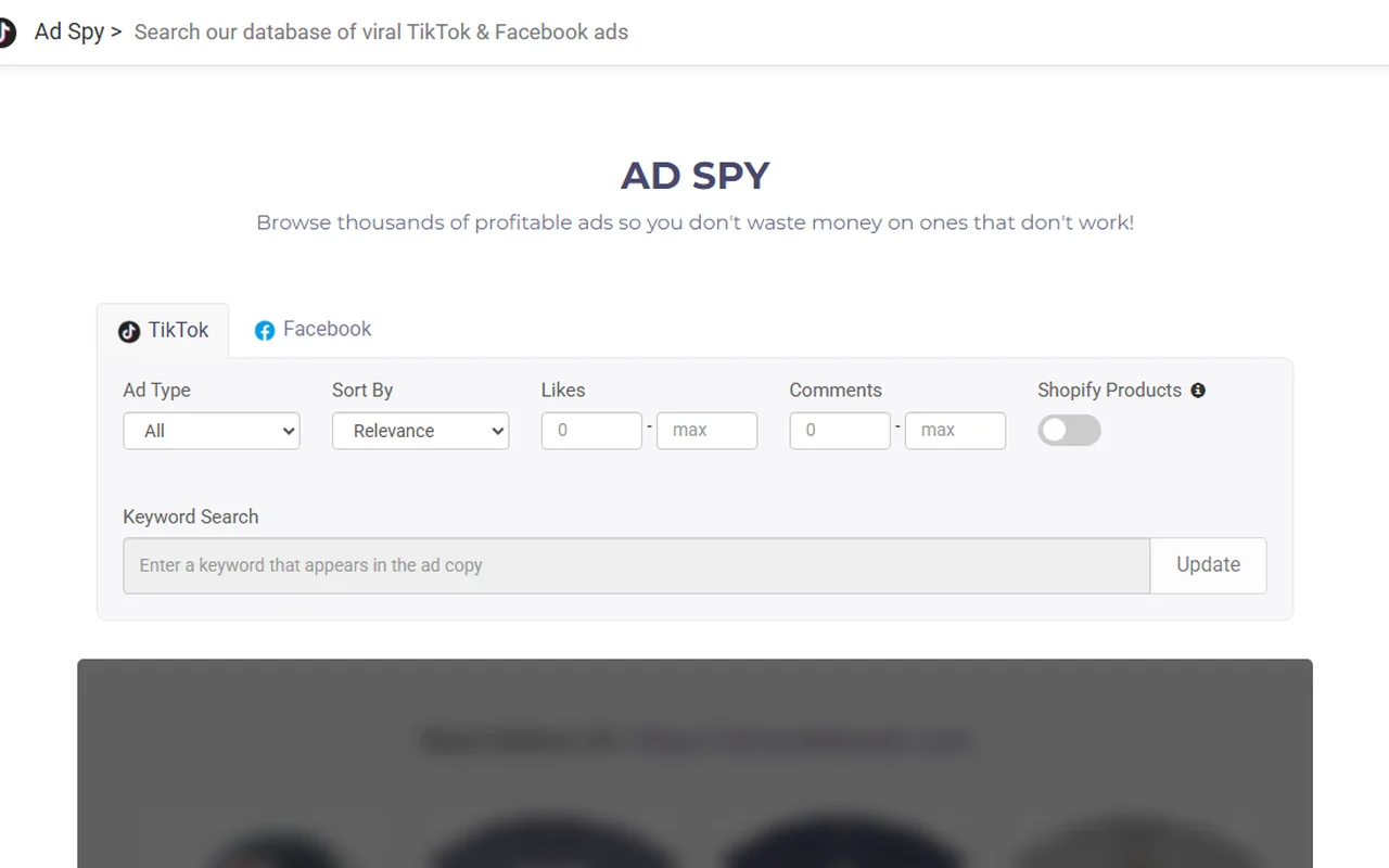 Public Niche Scraper Ad Spy preview with TikTok, Facebook, likes and comments filters