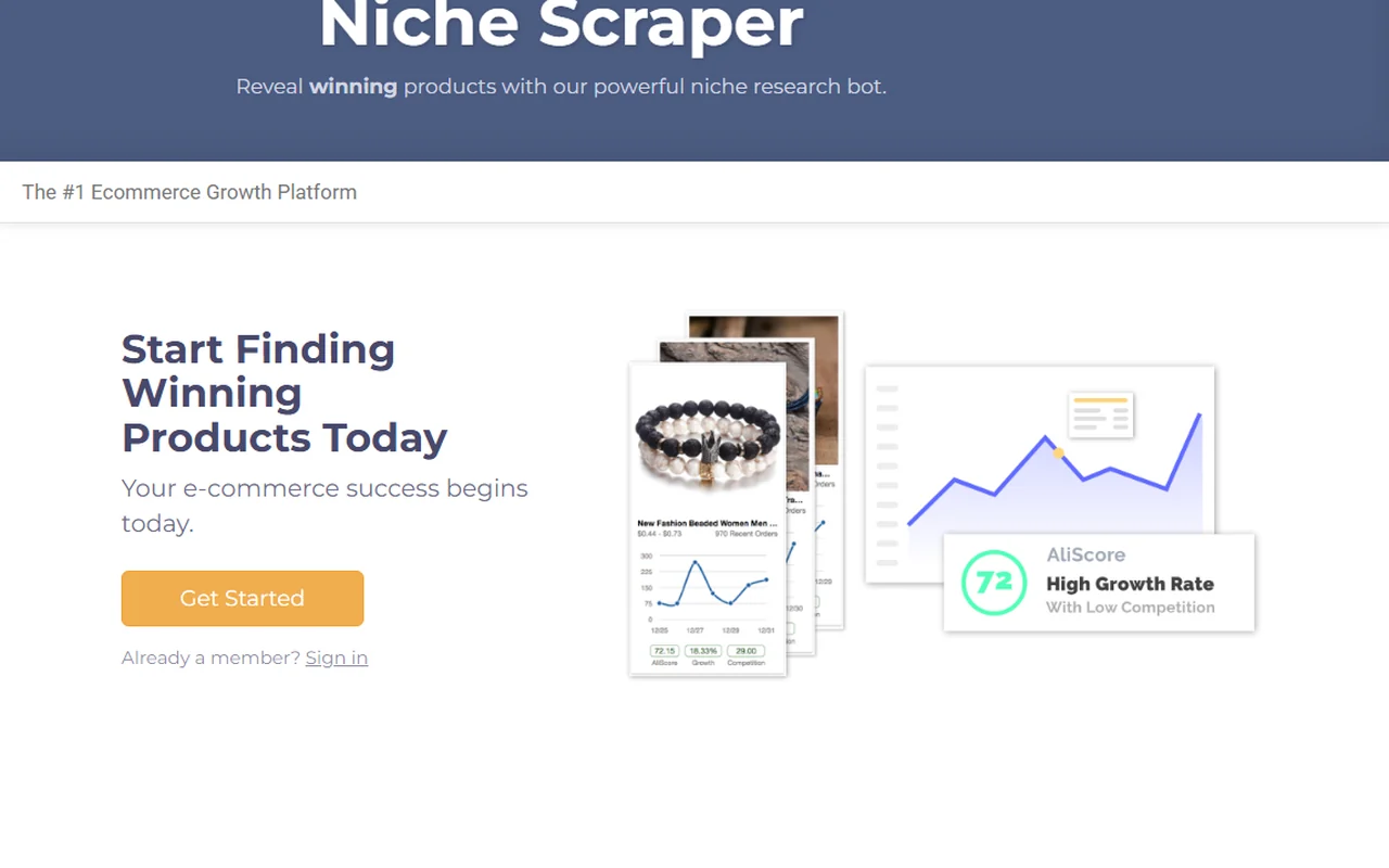 Public Niche Scraper homepage preview with Product Discovery and Market Research menu
