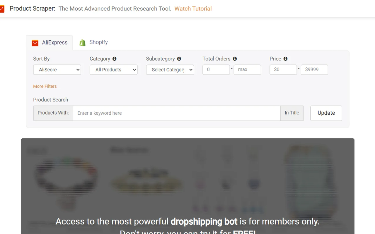 Public Niche Scraper Product Scraper preview with AliExpress, Shopify, orders and price filters