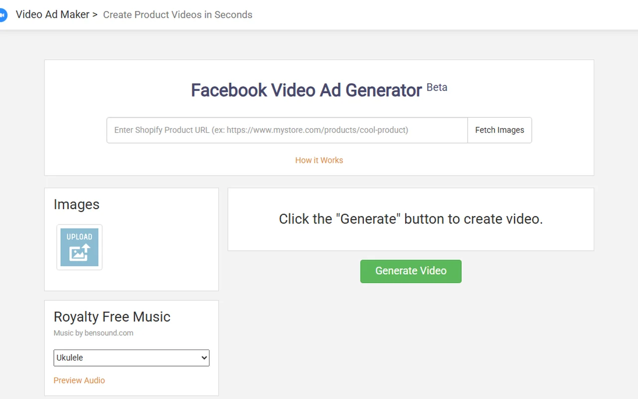 Public Niche Scraper Video Ad Maker preview with Shopify URL field and Generate Video button