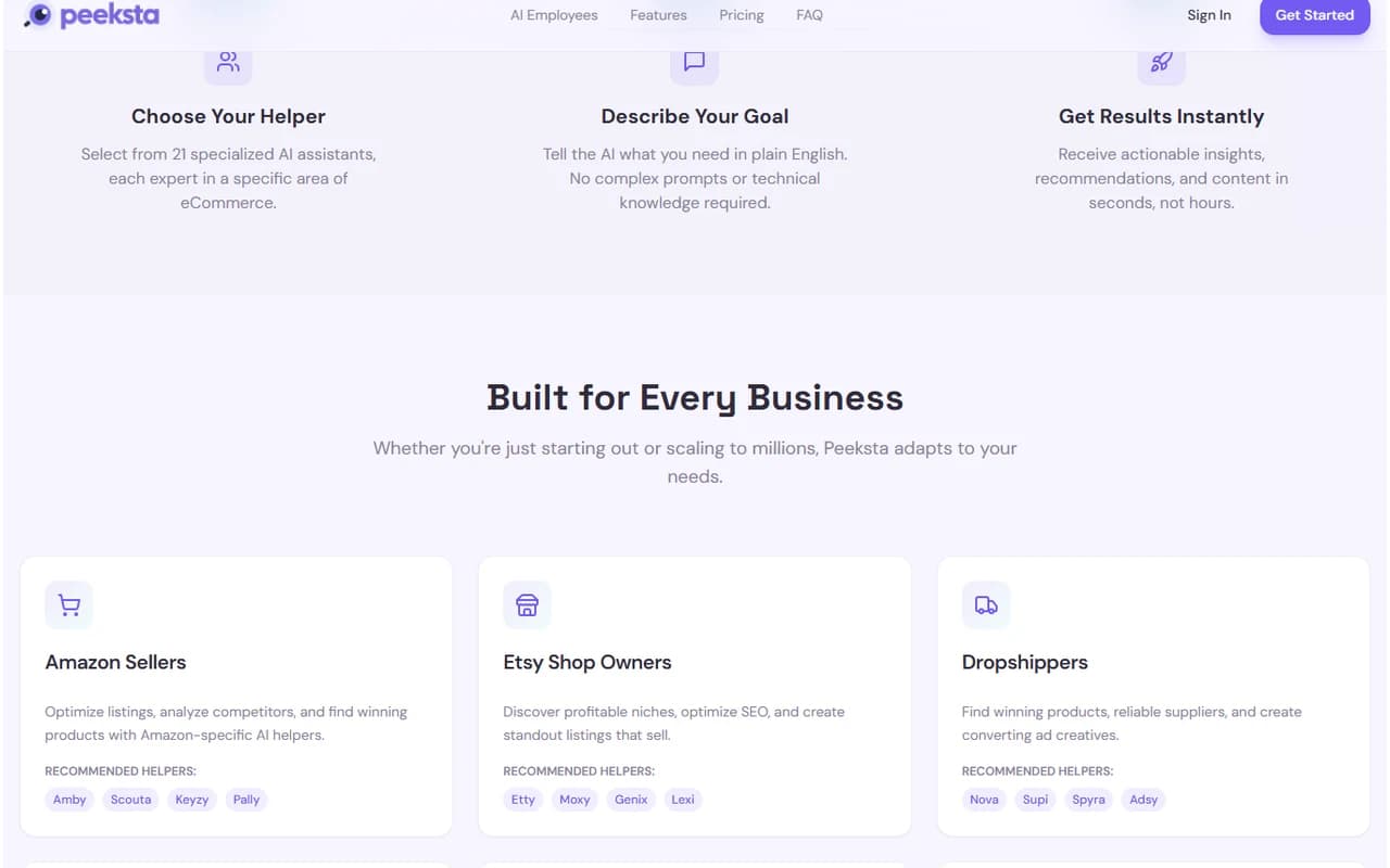 Public Peeksta preview showing the Dropshippers section and recommended helpers