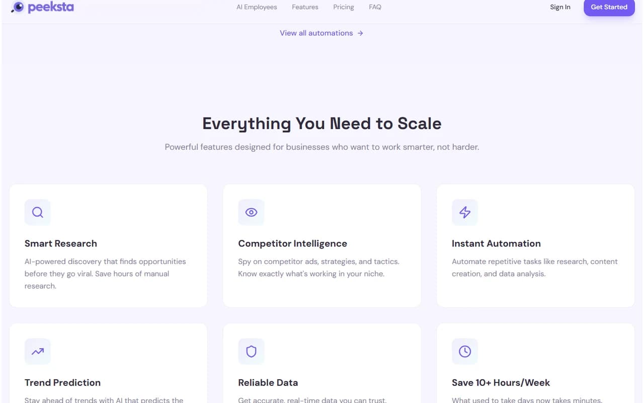 Public Peeksta preview with Smart Research, Competitor Intelligence and Trend Prediction features
