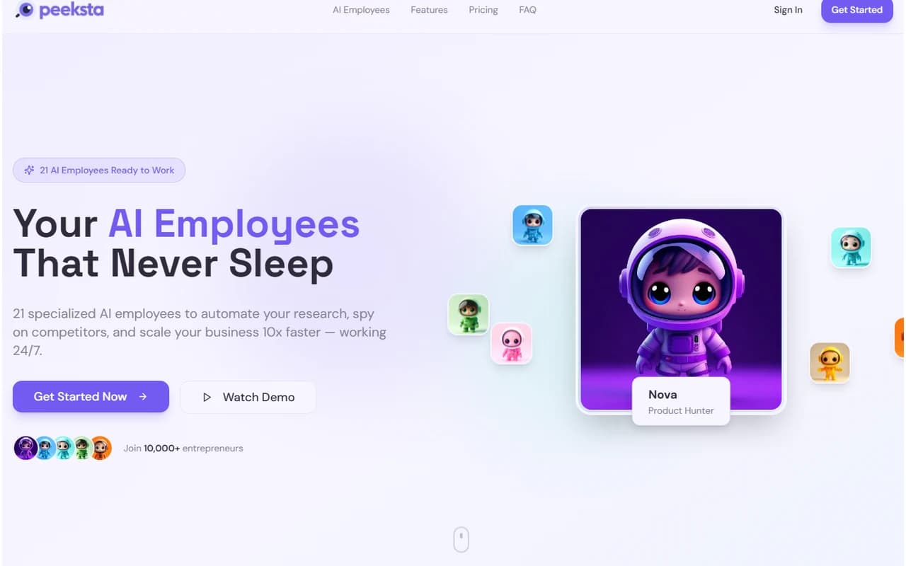 Public Peeksta homepage preview with the title Your AI Employees That Never Sleep