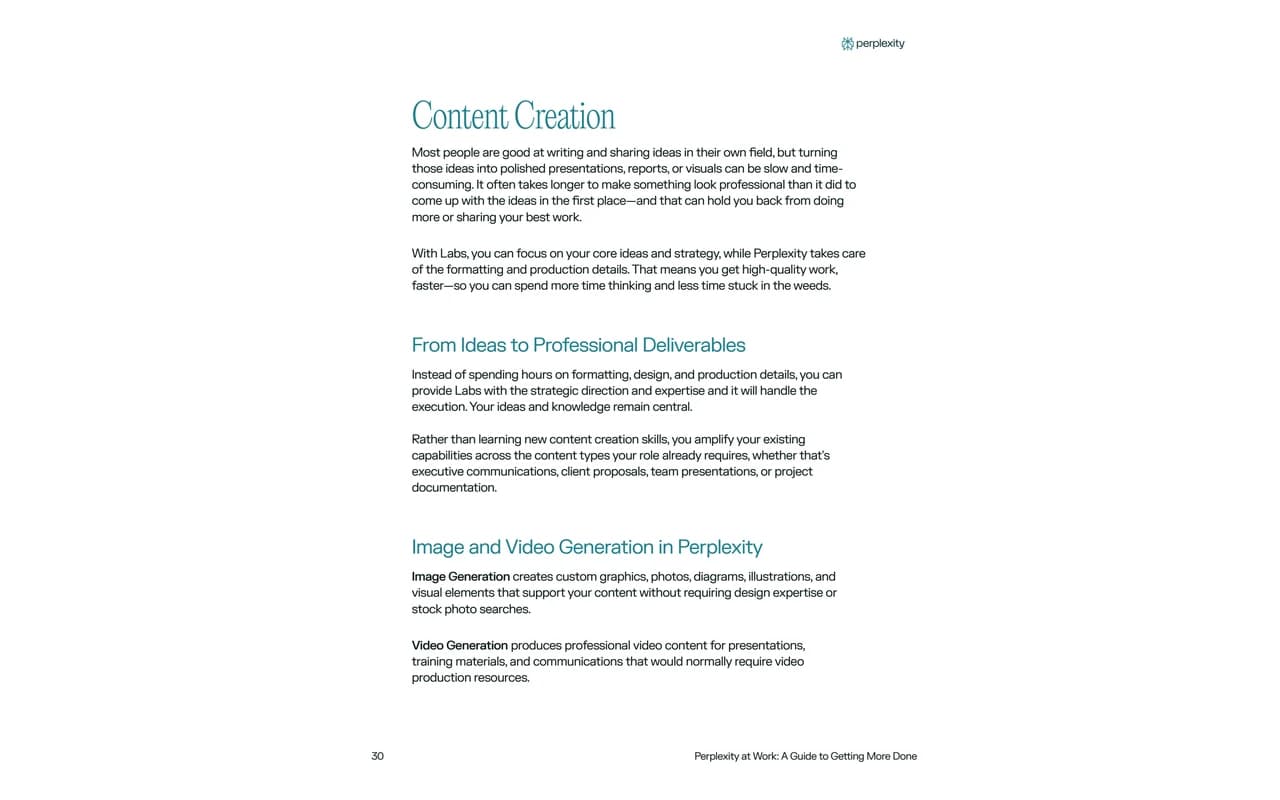 Page publique Perplexity at Work sur la création de contenus et livrables à partir de la recherche