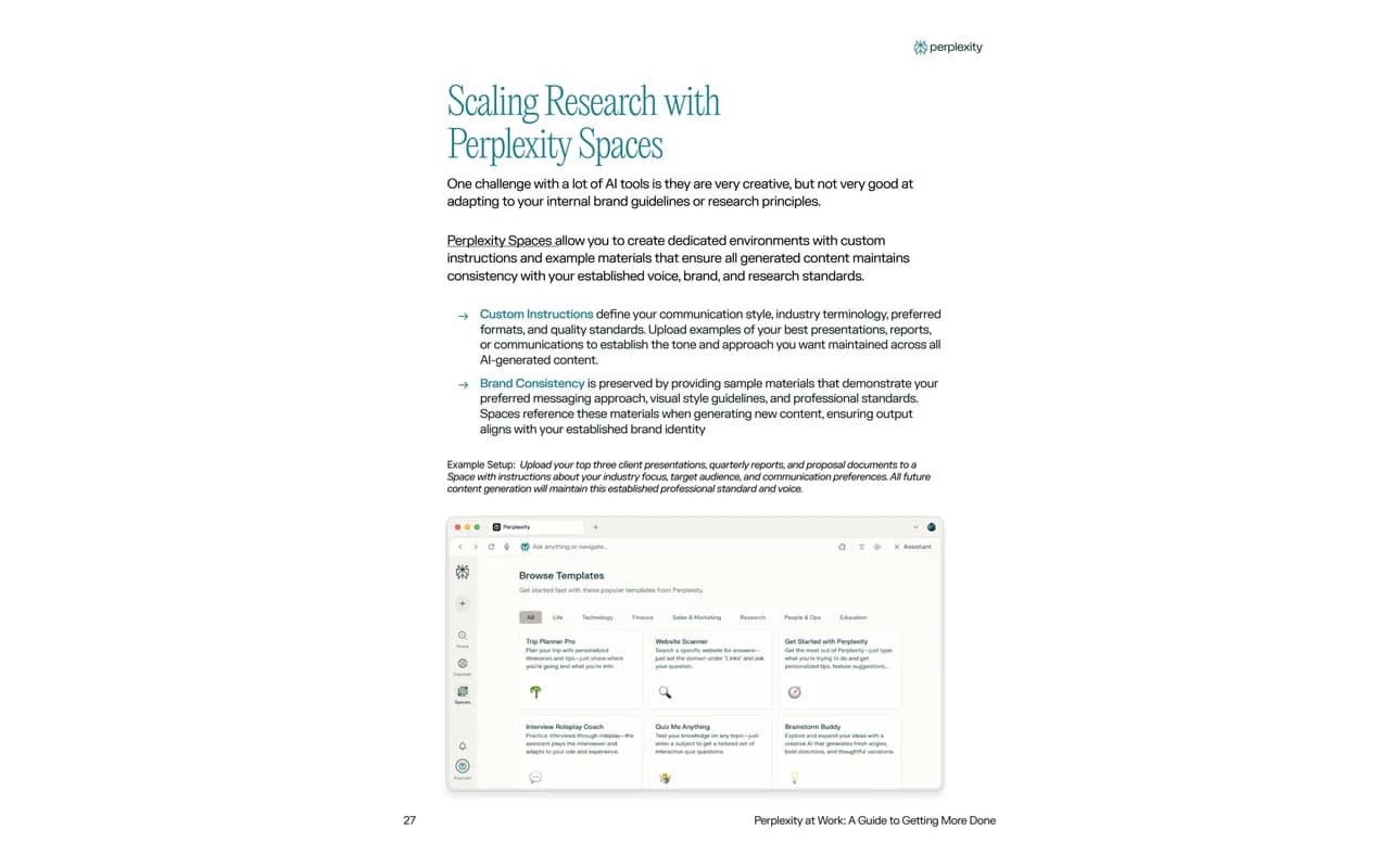Page publique Perplexity at Work expliquant l'usage de Spaces pour structurer la recherche