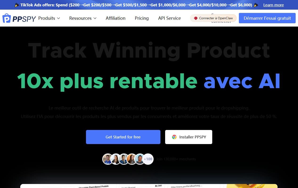Aperçu de la page d'accueil PPSPY avec le message Track Winning Product