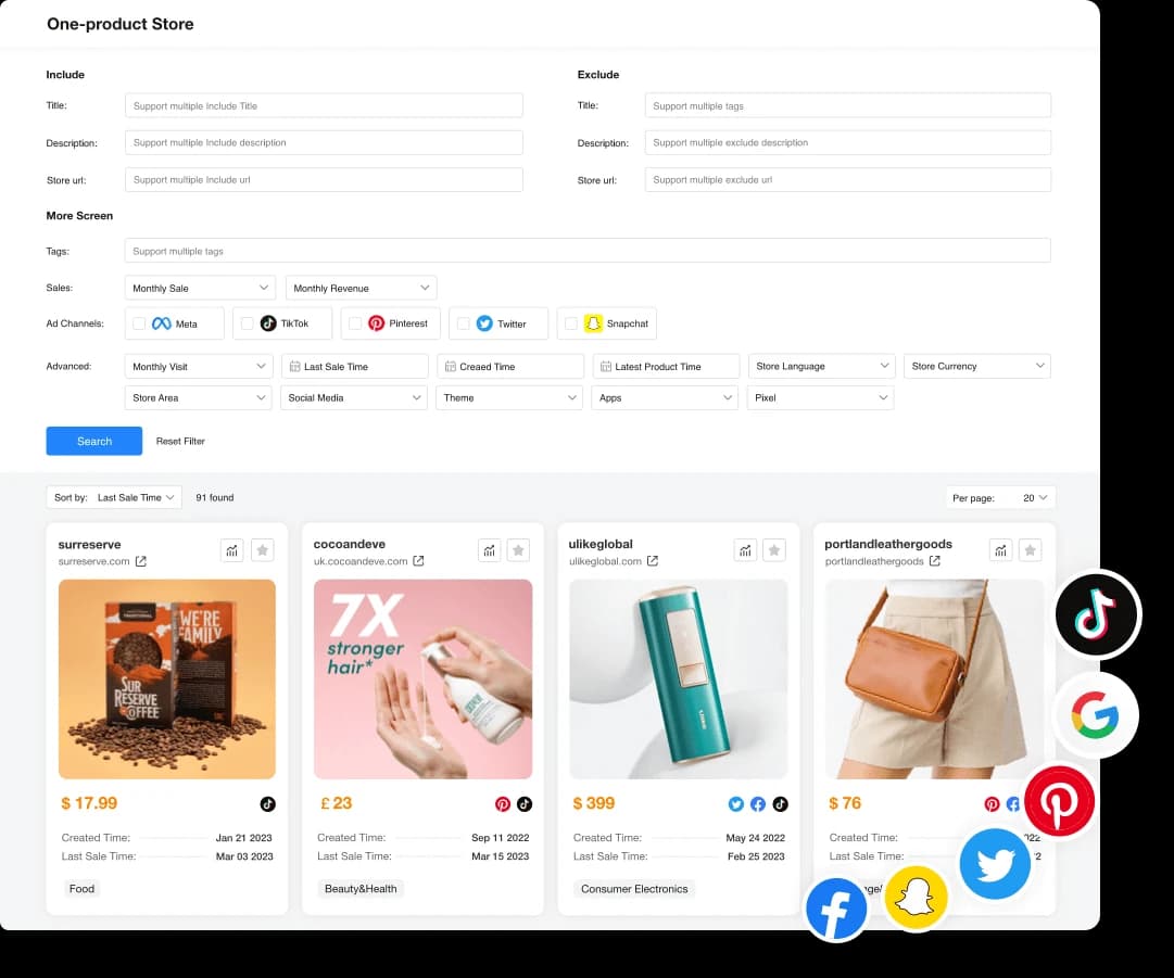 Illustration PPSPY des filtres One-product Store et de boutiques centrées sur une offre