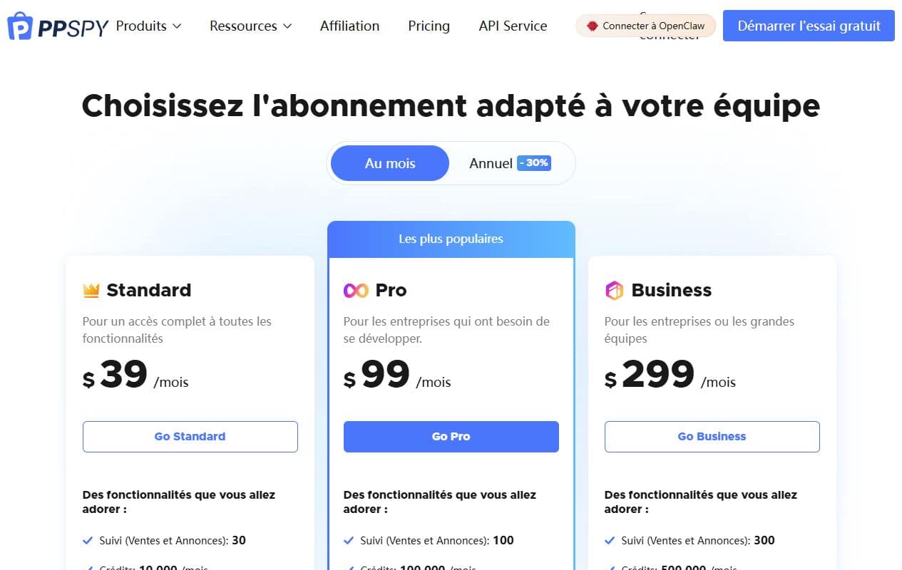 Aperçu de la page pricing PPSPY avec les plans Standard Pro et Business