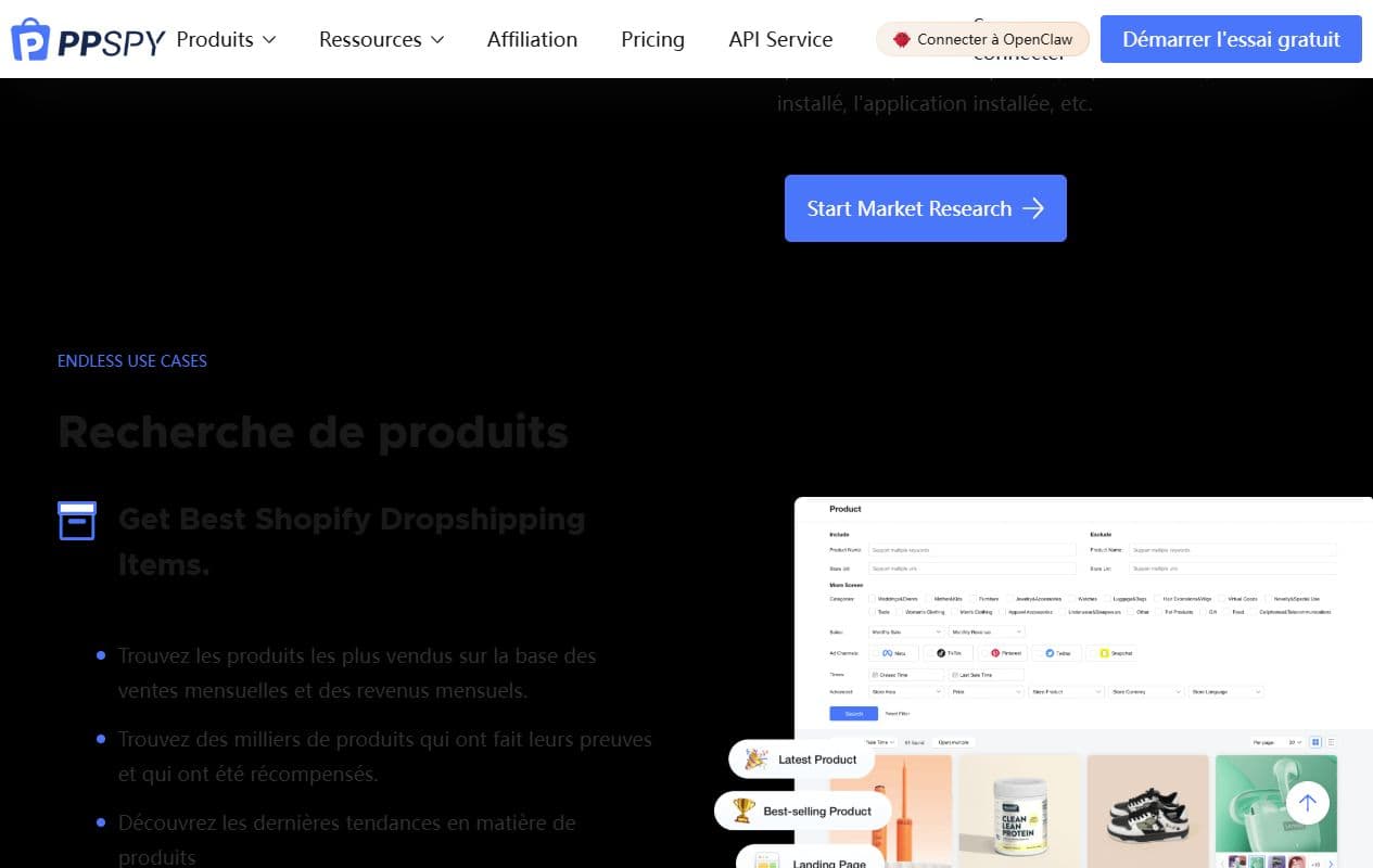 Aperçu PPSPY de recherche de produits Shopify avec filtres