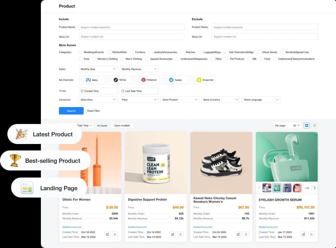 Official PPSPY illustration of product filters and results with prices and stores