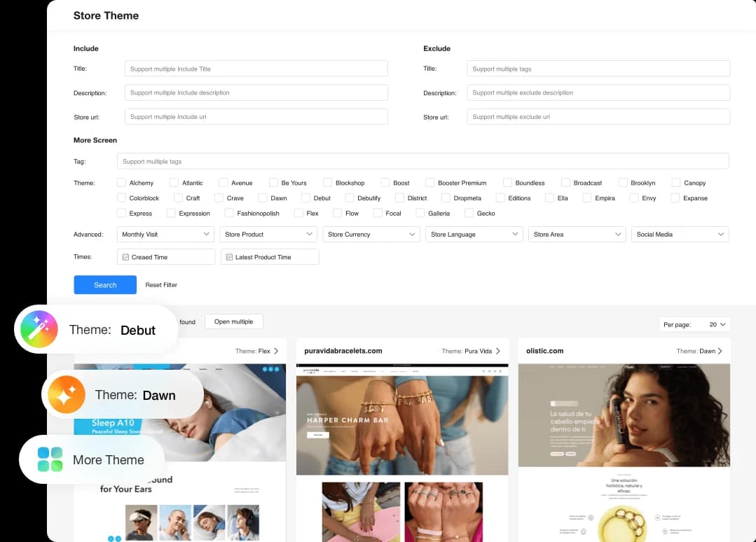 Recherche de thèmes Shopify dans PPSPY avec filtres Dawn et Debut et aperçus de sites