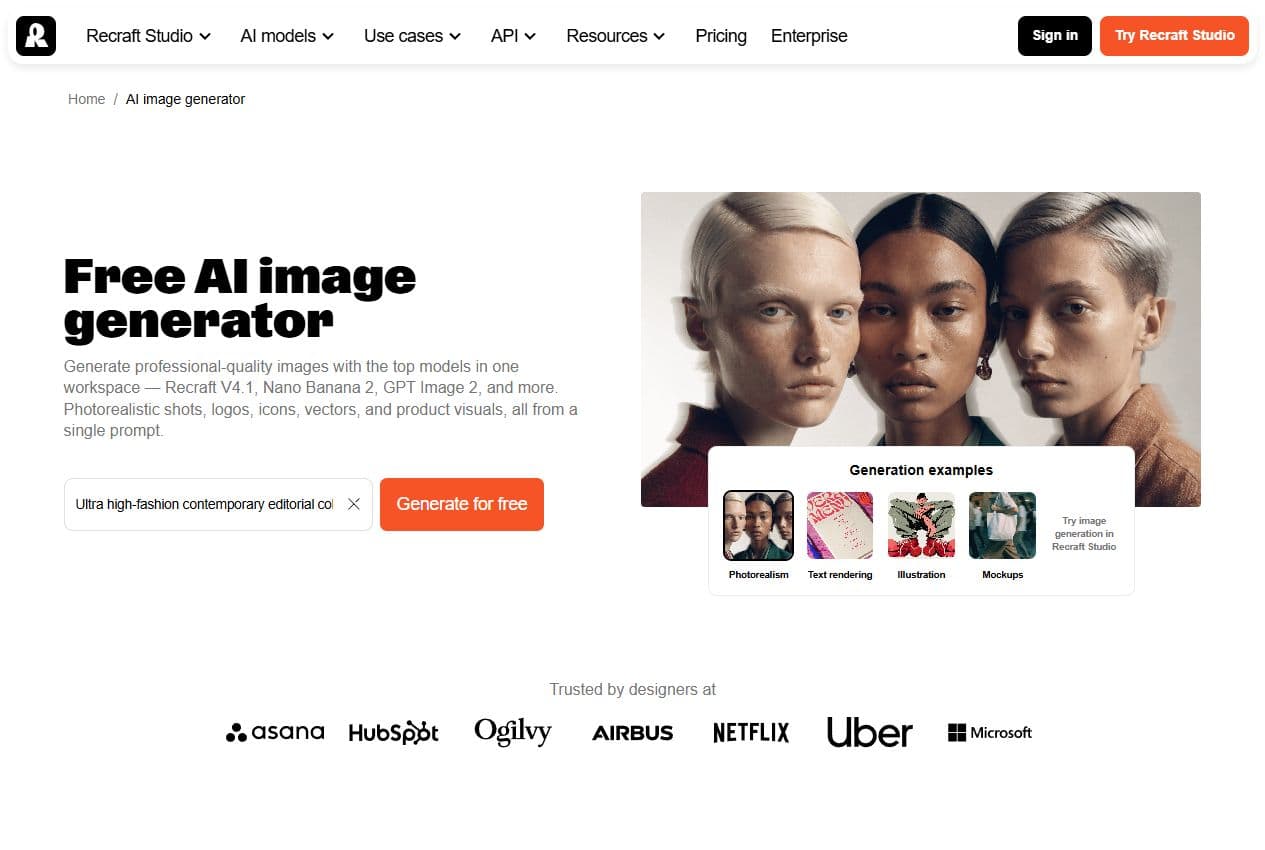 Aperçu de la page AI image generator de Recraft