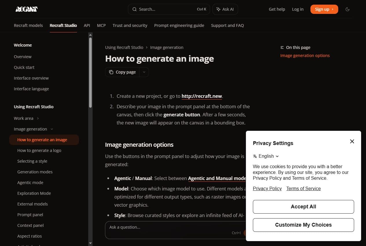 Aperçu de la documentation Recraft Studio image generation