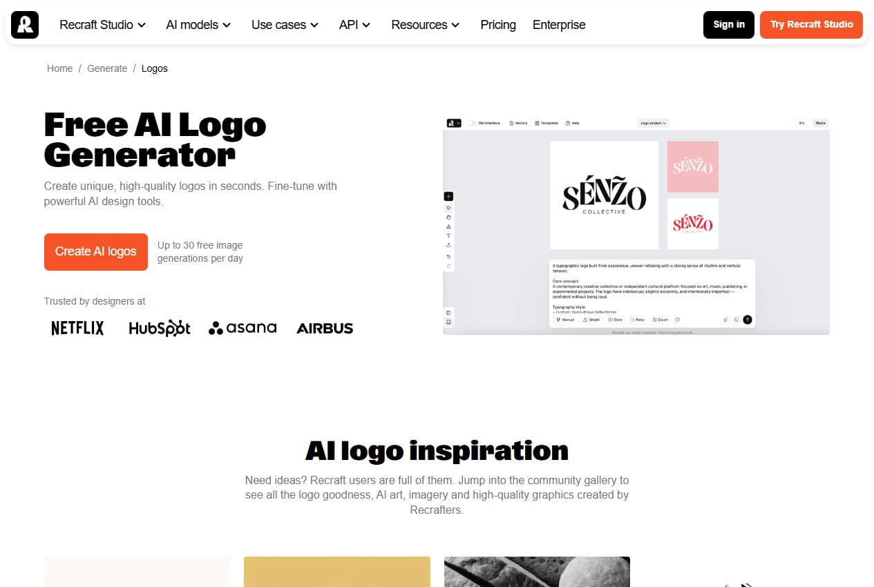 Aperçu de la page logo generator de Recraft