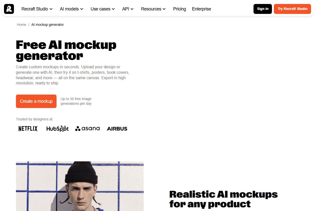 Aperçu de la page mockup generator de Recraft