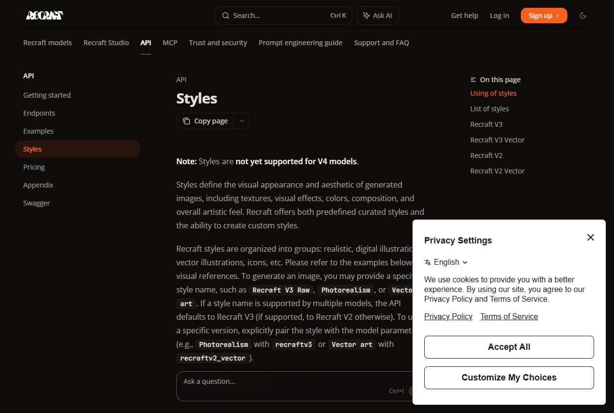 Aperçu de la documentation Recraft API styles