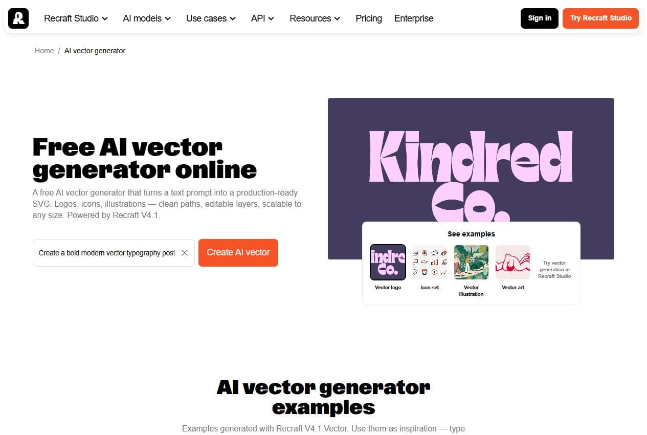Aperçu de la page AI vector generator de Recraft