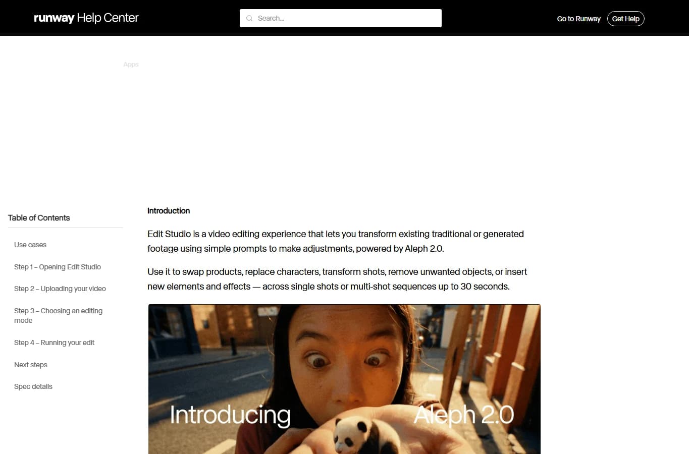 Screenshot of the Runway help center presenting Edit Studio and Aleph 2.0